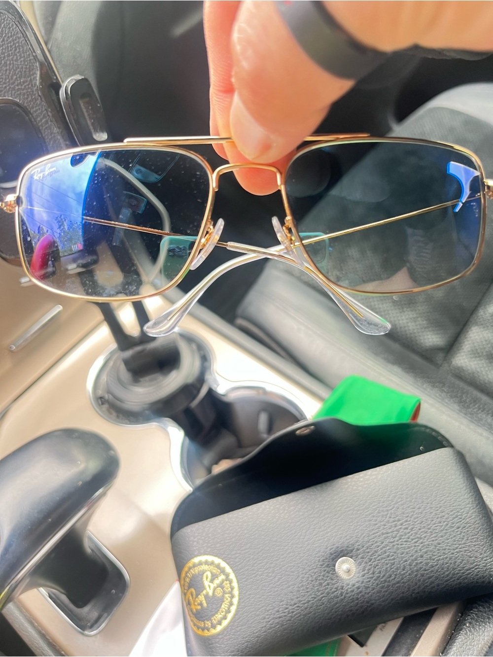 NEW Ray-Ban Gold Frame Sunglasses with Blue Lenses.
